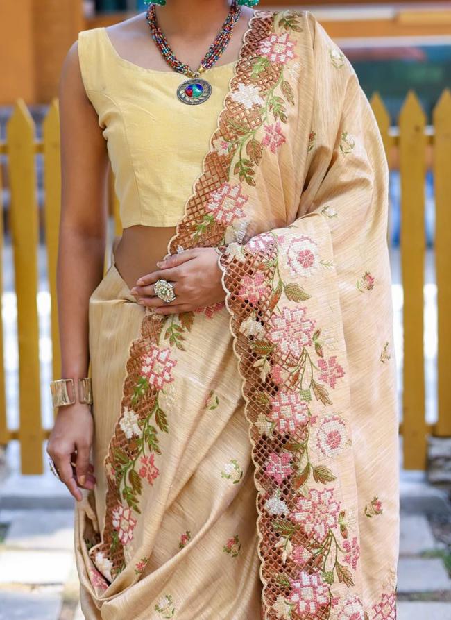 Silk Yellow Wedding Wear Embroidery Work Saree